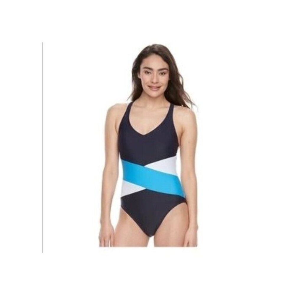 NEW Halitech LG Colorblock Racerback One-Piece Swimsuit Navy Blue & White #94337